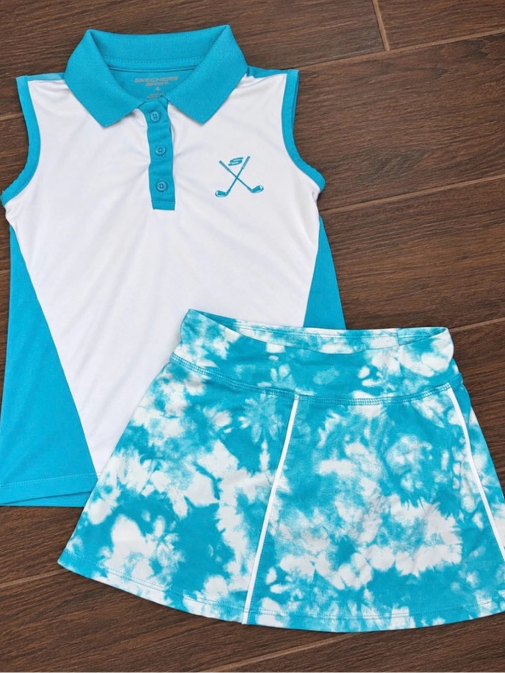 Skechers Sport Girls Golf Outfit Set Size 4 Polo Top & Skort Turquoise White